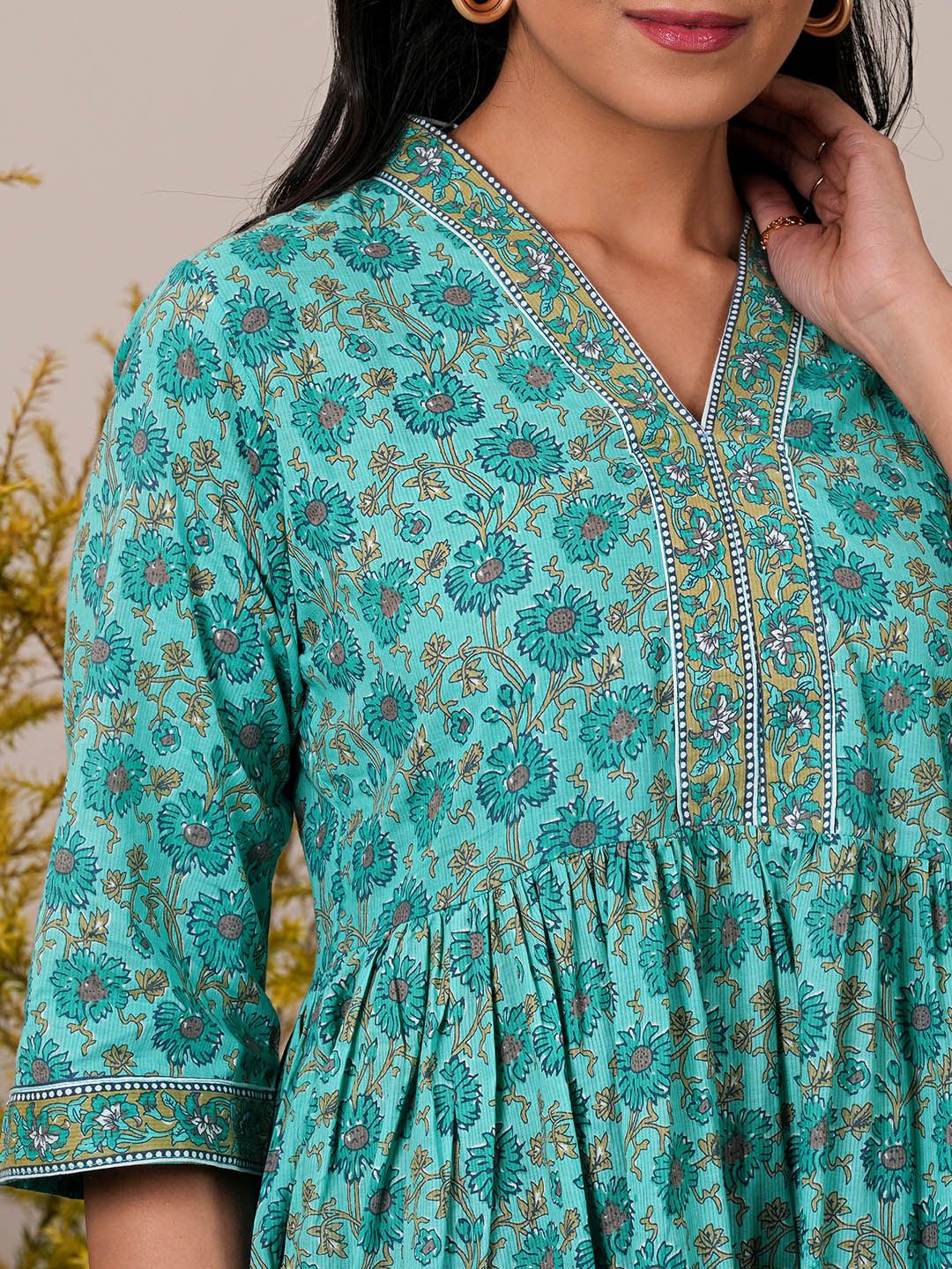 Libas Floral Block Printed V-Neck Flared Sleeves Pure Cotton Pleated A-Line Kurti