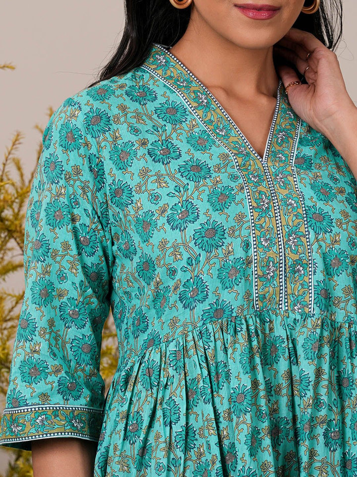Libas Floral Block Printed V-Neck Flared Sleeves Pure Cotton Pleated A-Line Kurti