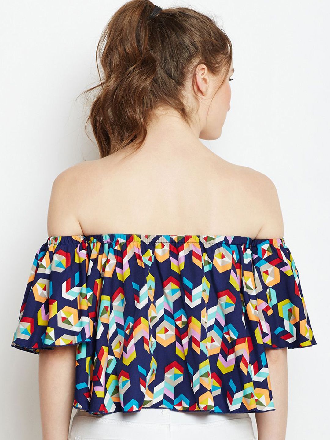 Berrylush Geometric Print Off-Shoulder Flared Sleeve Ruffles Bardot Crop Top