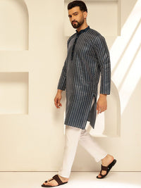 SOJANYA Geometric Embroidered Band Collar Thread Work Straight Cotton Silk Kurta