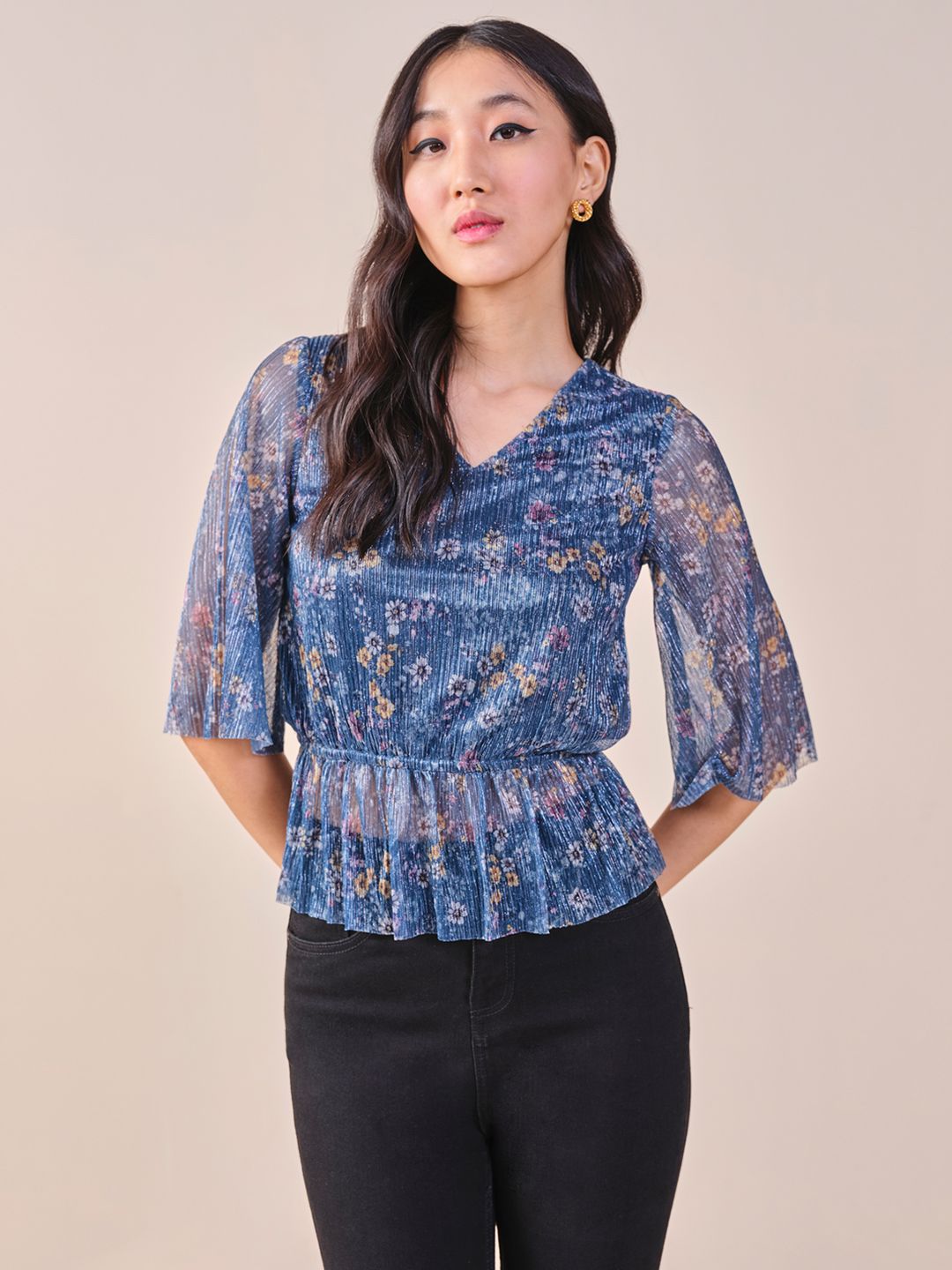 AND polyester floral printed v-neck peplum Top