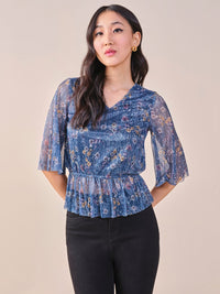 AND polyester floral printed v-neck peplum Top
