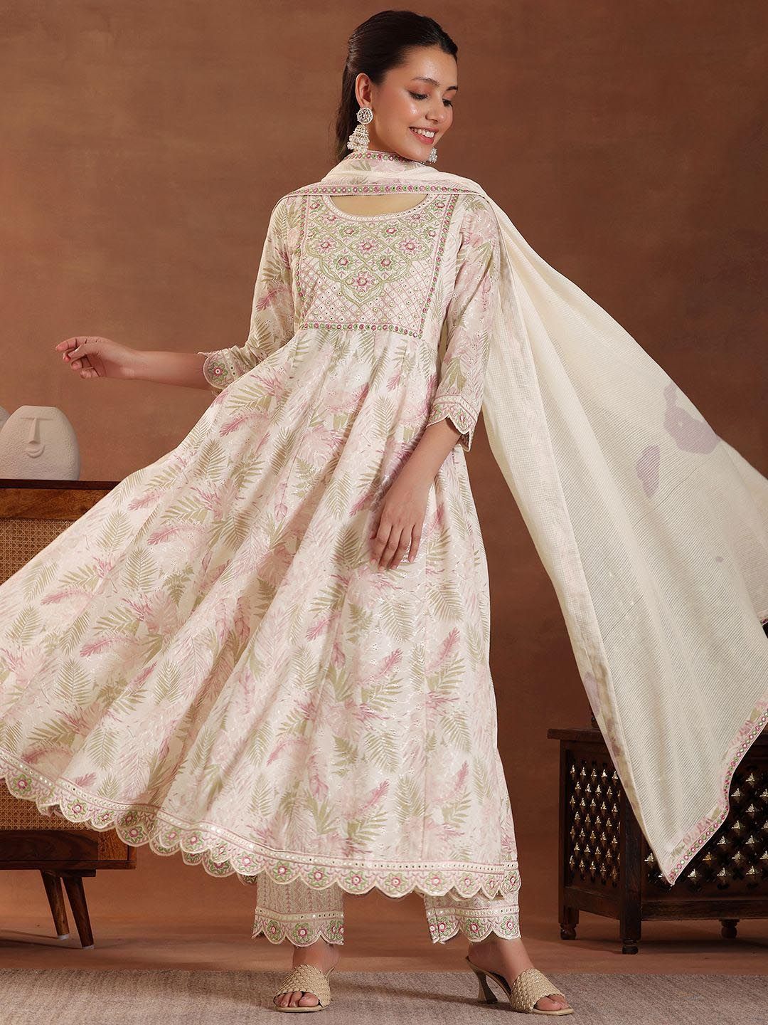 Libas Floral Printed Panelled Thread Work Pure Cotton Kurta with Trousers & With Dupatta