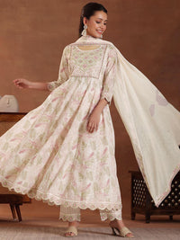 Libas Floral Printed Panelled Thread Work Pure Cotton Kurta with Trousers & With Dupatta