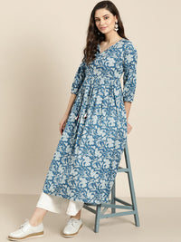 Shae by SASSAFRAS Women Blue & Off-White Printed Anarkali Kurta