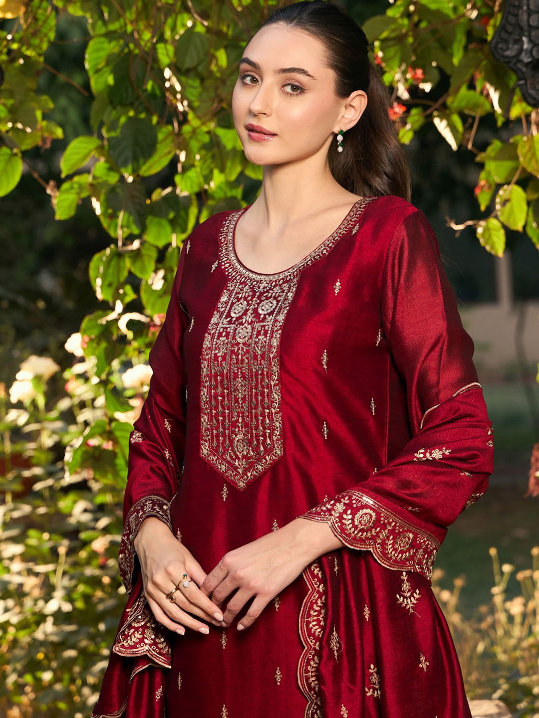 Indo Era Ethnic Motifs Embroidered Round Neck Thread Work Kurta with Trousers & Dupatta