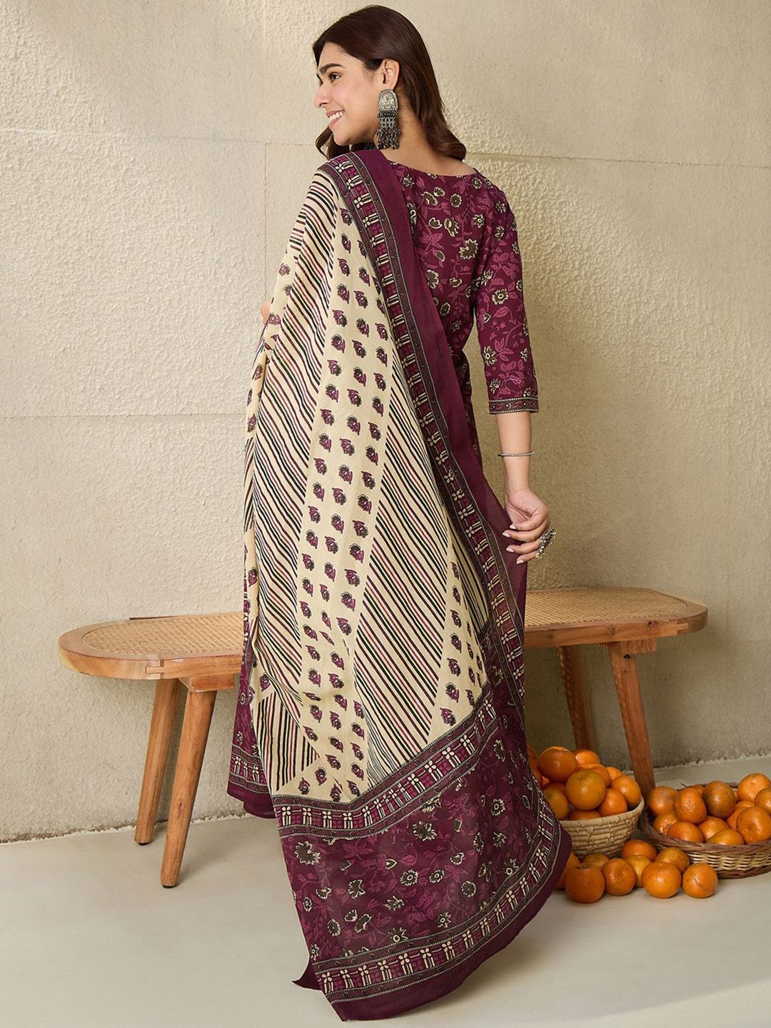 Indo Era Floral Printed V Neck Pure Cotton Kurta With Salwar & Dupatta