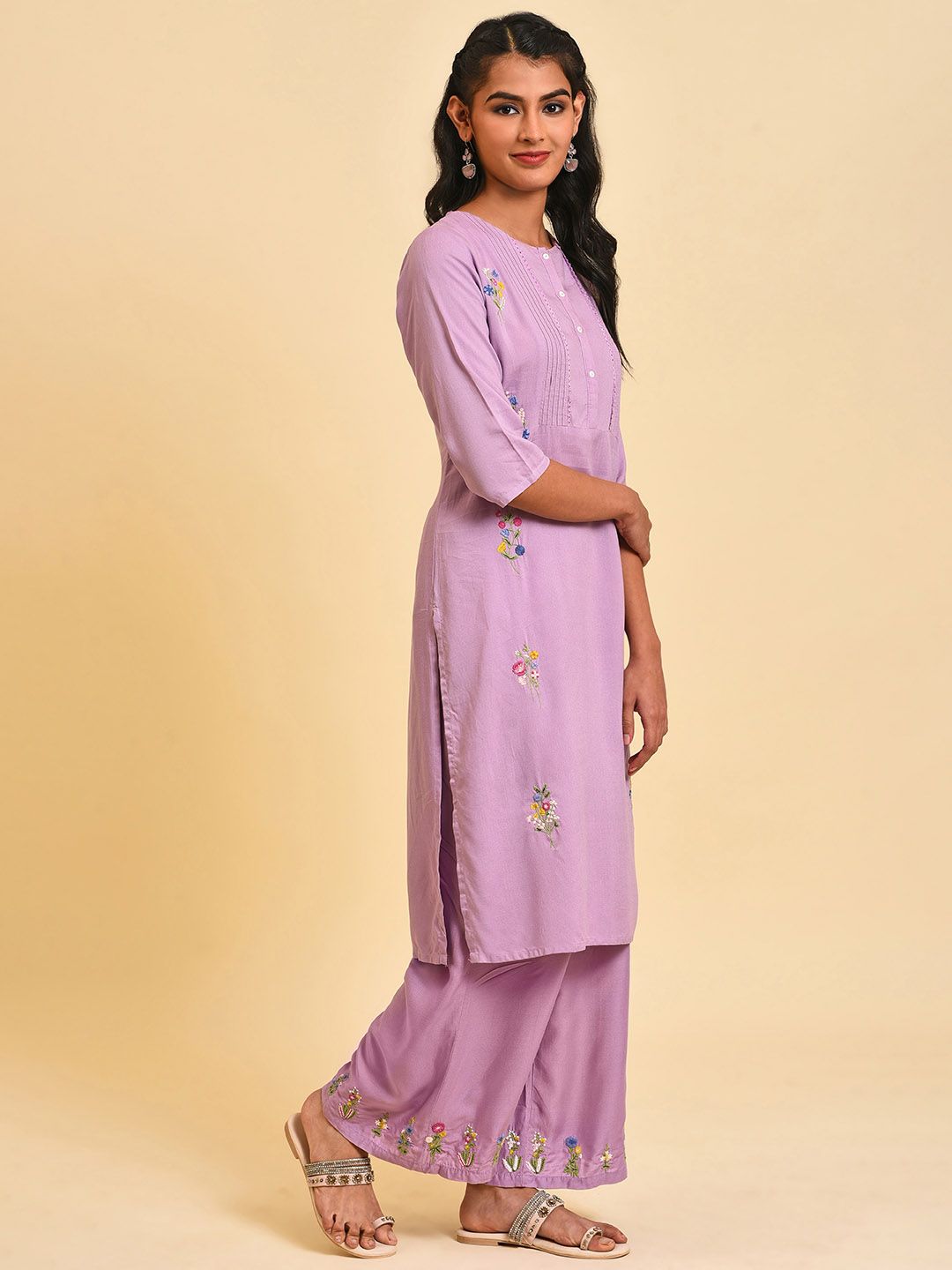 W Floral Embroidered Straight Kurta with Palazzos