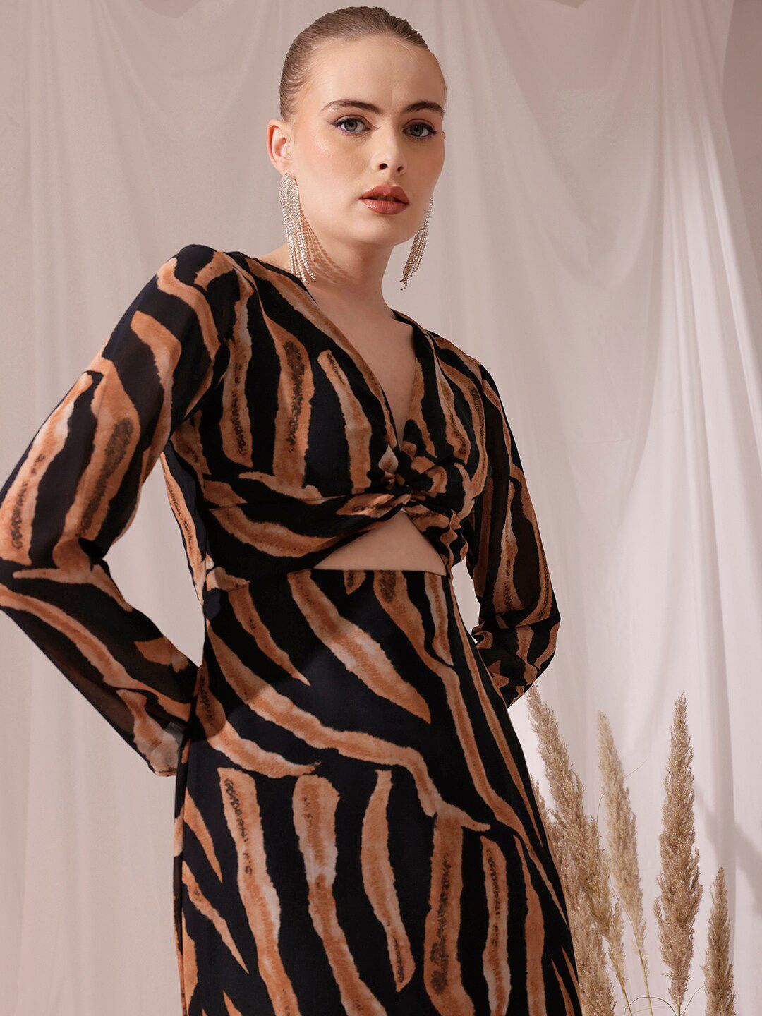 STREET 9 V Neck Long Sleeves Animal Print Georgette Fit & Flare Midi Dress