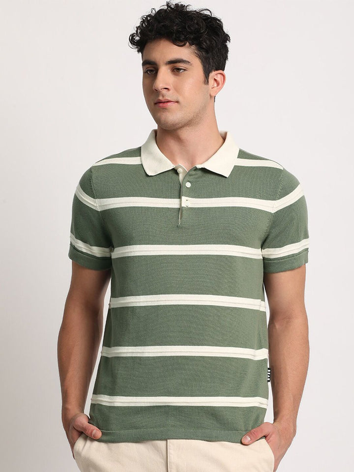 THE BEAR HOUSE Men Striped Regular Fit Cotton Polo Collar T-Shirt