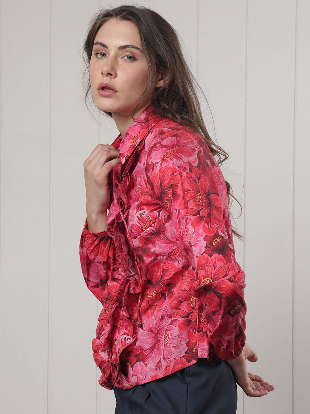 RAREISM Floral Printed Ruffled Cuff Sleeves Tie-Up Neck Cotton Top