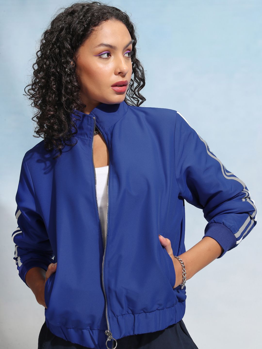 Tokyo Talkies Women Checked Crop Bomber with Embroidered Jacket