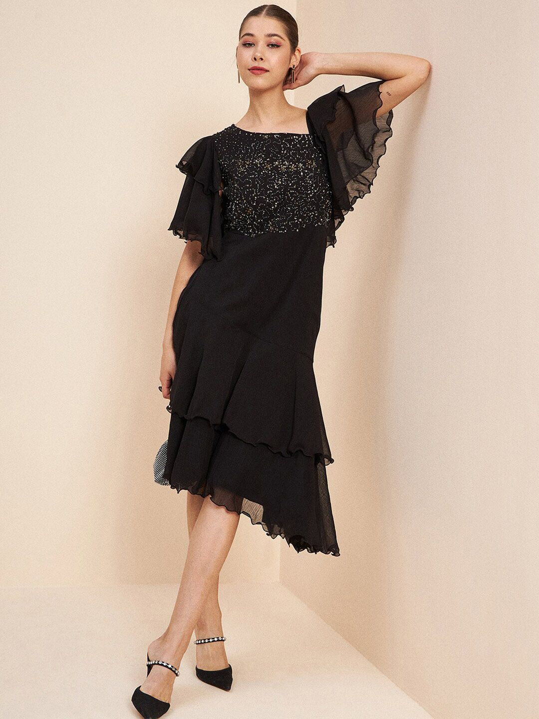 Antheaa Black V-Neck Flutter Sleeve Embellished Detail Fit & Flare Dress