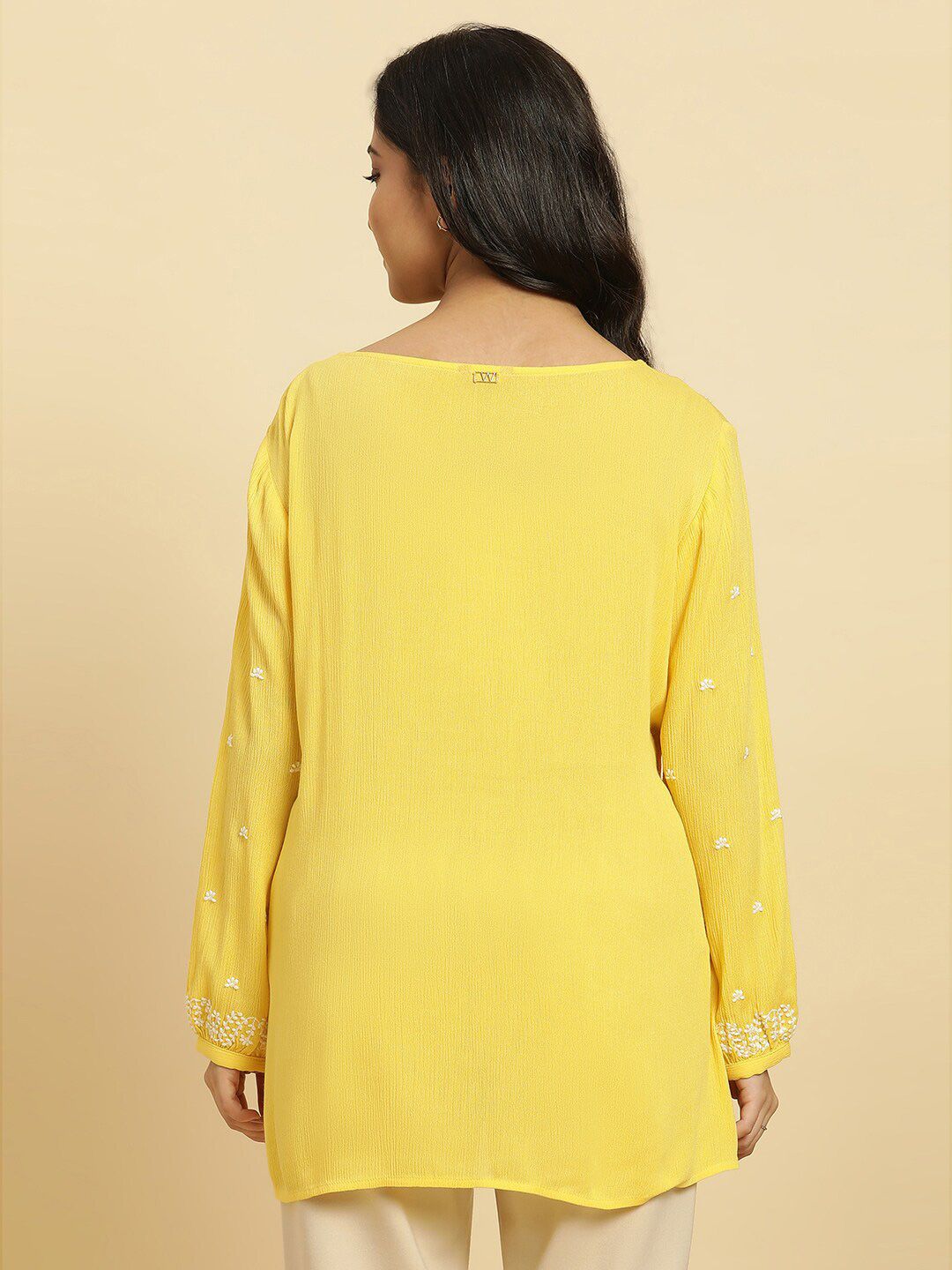 W Embroidered Puff Sleeve Round Neck Long Sleeves Top