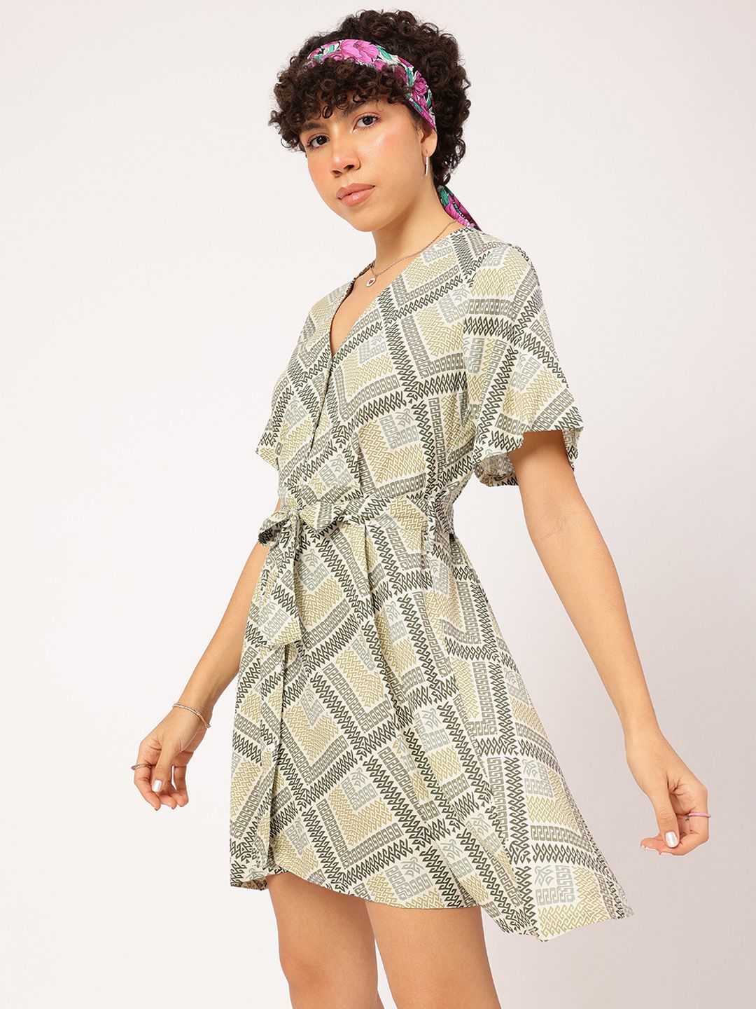 DressBerry Printed A-Line Mini Dress with Belt