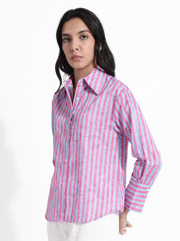 RAREISM Shirt Collar Long Sleeves Striped Cotton Top