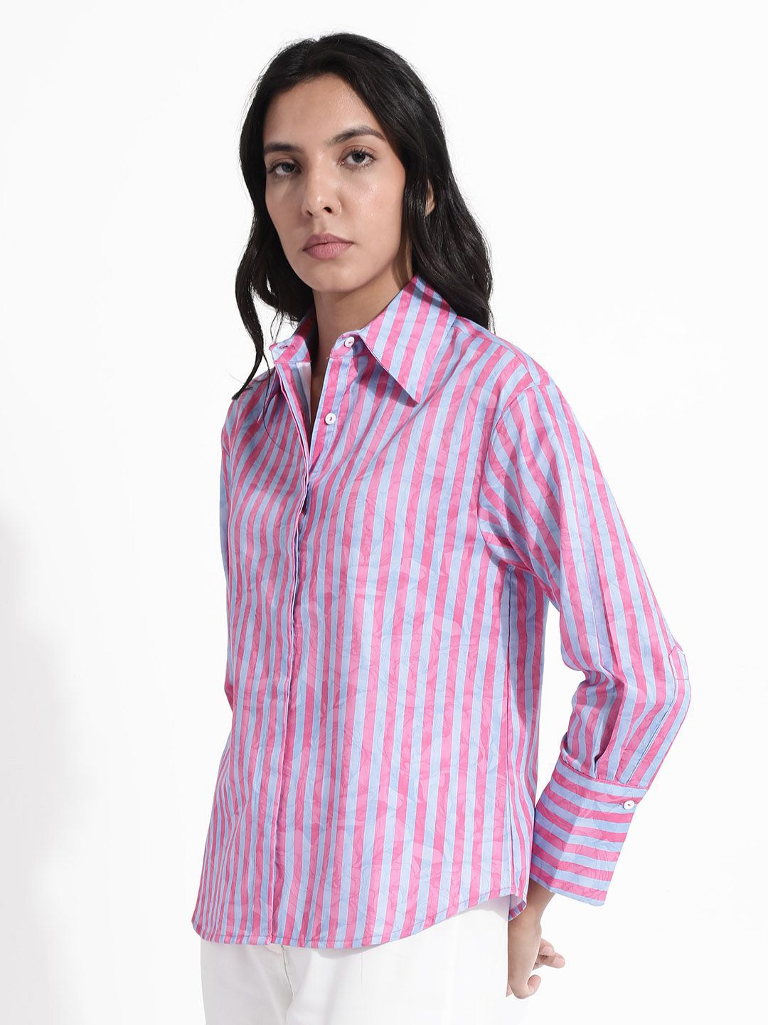 RAREISM Shirt Collar Long Sleeves Striped Cotton Top