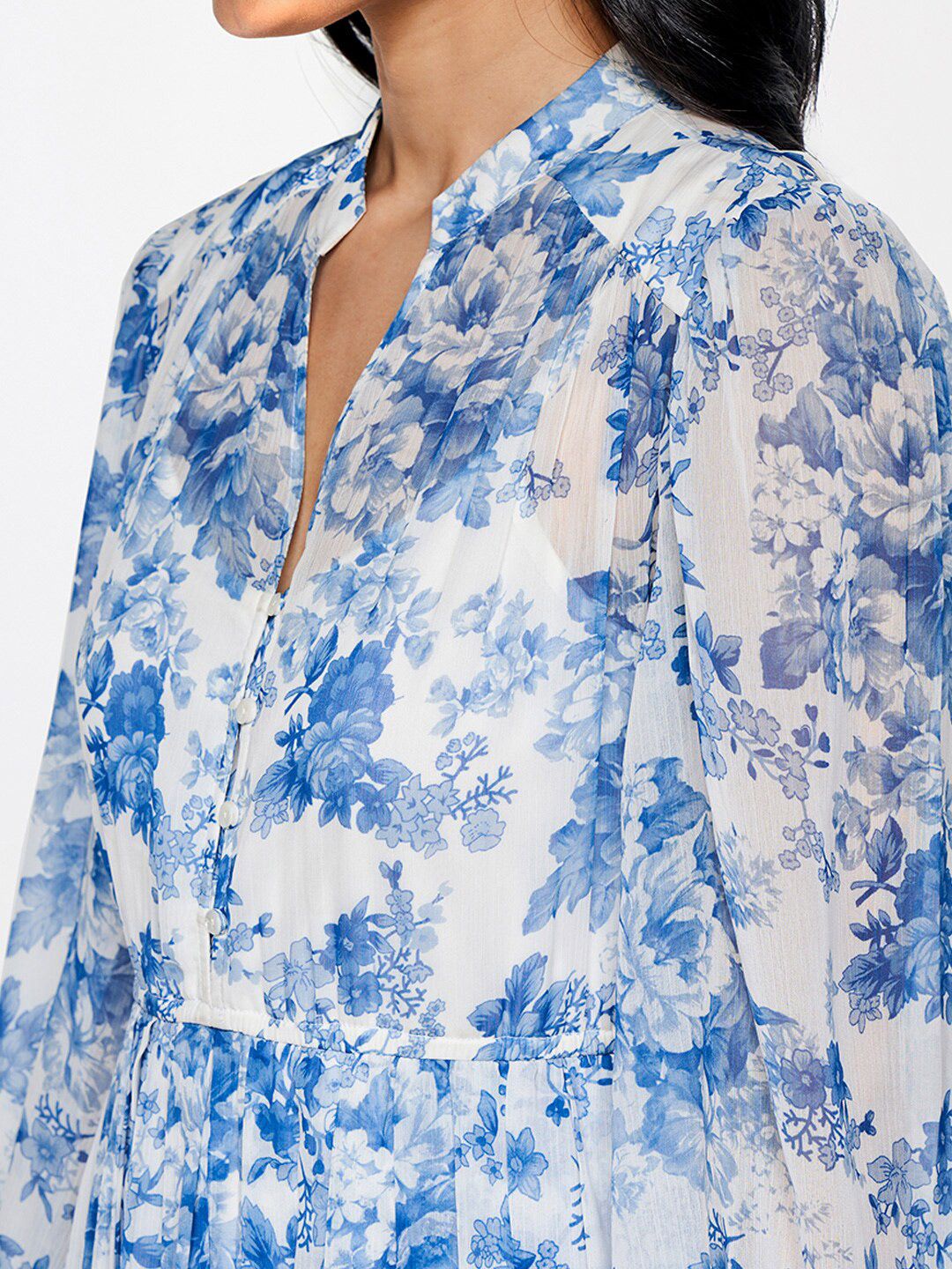 AND Floral Printed Mandarin Collar Puff Sleeve Gathered A-Line Maxi Dress