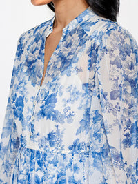 AND Floral Printed Mandarin Collar Puff Sleeve Gathered A-Line Maxi Dress
