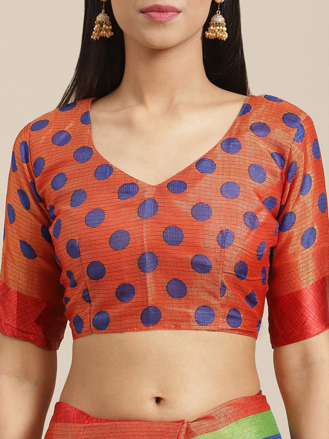 Saree mall Blue & Red Brasso Ethnic Printed Casual Saree with Matching Blouse