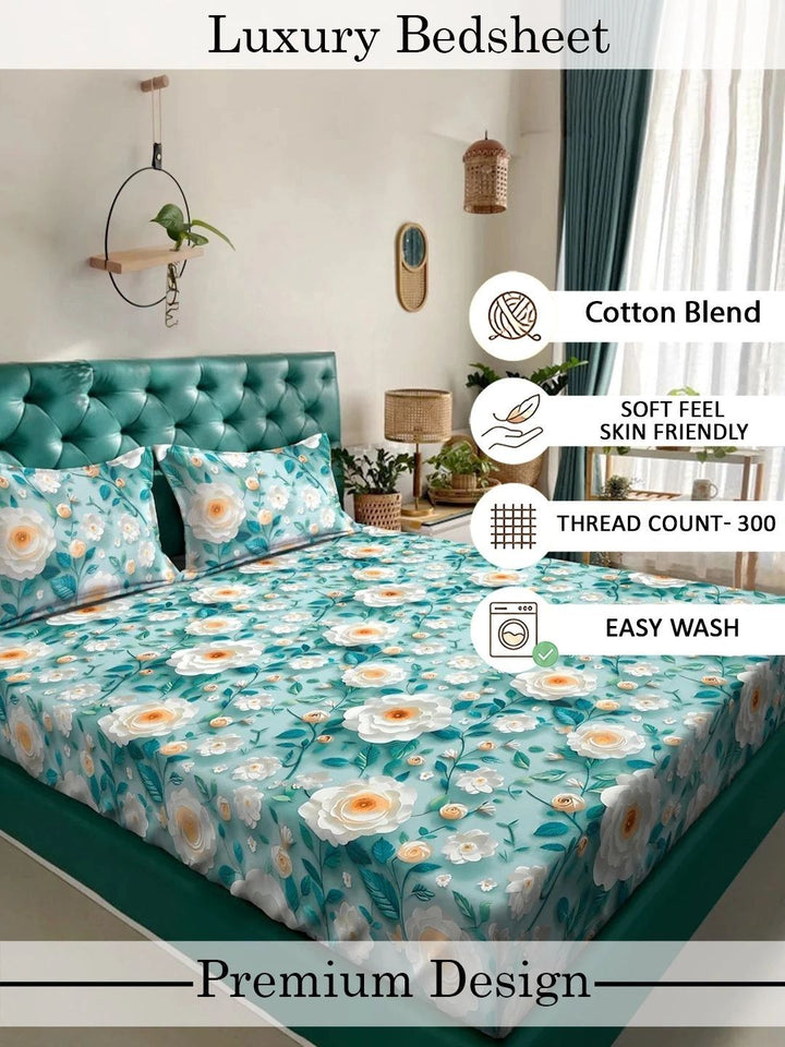Myntra Elegant Homes Turquoise Blue Floral 400 TC Cadar dengan 2 Sarung Bantal