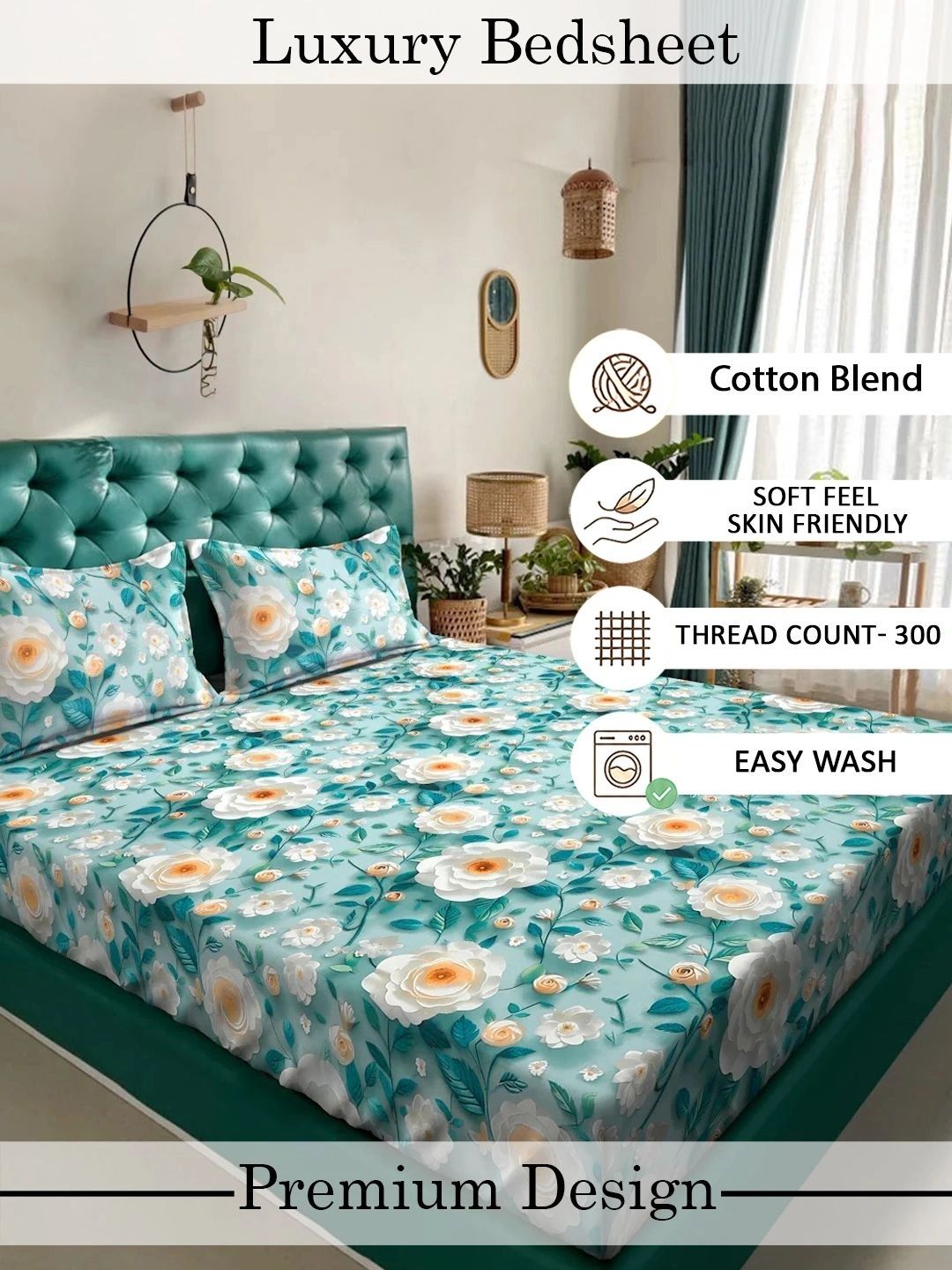 Myntra Elegant Homes Turquoise Blue Floral 400 TC Cadar dengan 2 Sarung Bantal