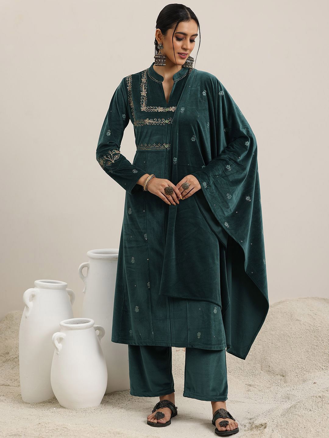 Libas Floral Embroidered Mandarin Collar Velvet Kurta With Trousers & Dupatta