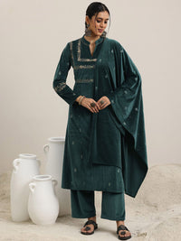 Libas Floral Embroidered Mandarin Collar Velvet Kurta With Trousers & Dupatta