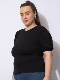 SASSAFRAS Women Round Neck Puff Sleeve Top