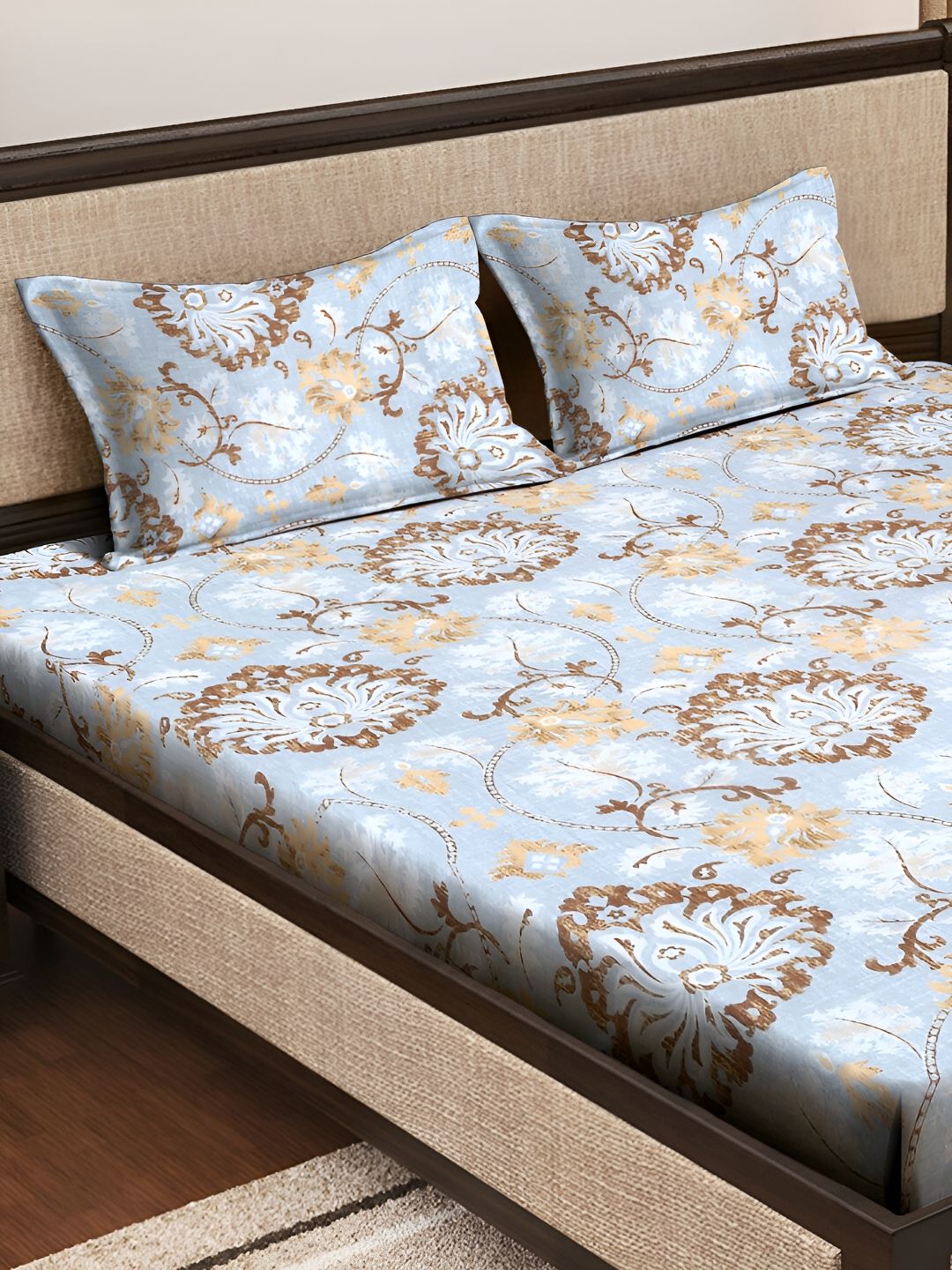 KLOTTHE Blue & Brown Floral Printed 300 TC Double King Bedsheet With 2 Pillow Covers