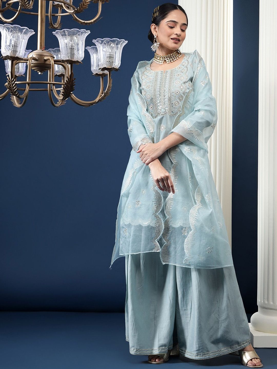 Bani Women Ethnic Motifs Embroidered High Slit Sequinned Kurta With Palazzos & Dupatta