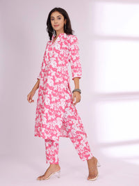 Varanga Pink Floral Printed Mandarin Collar Pure Cotton Kurta with Trousers