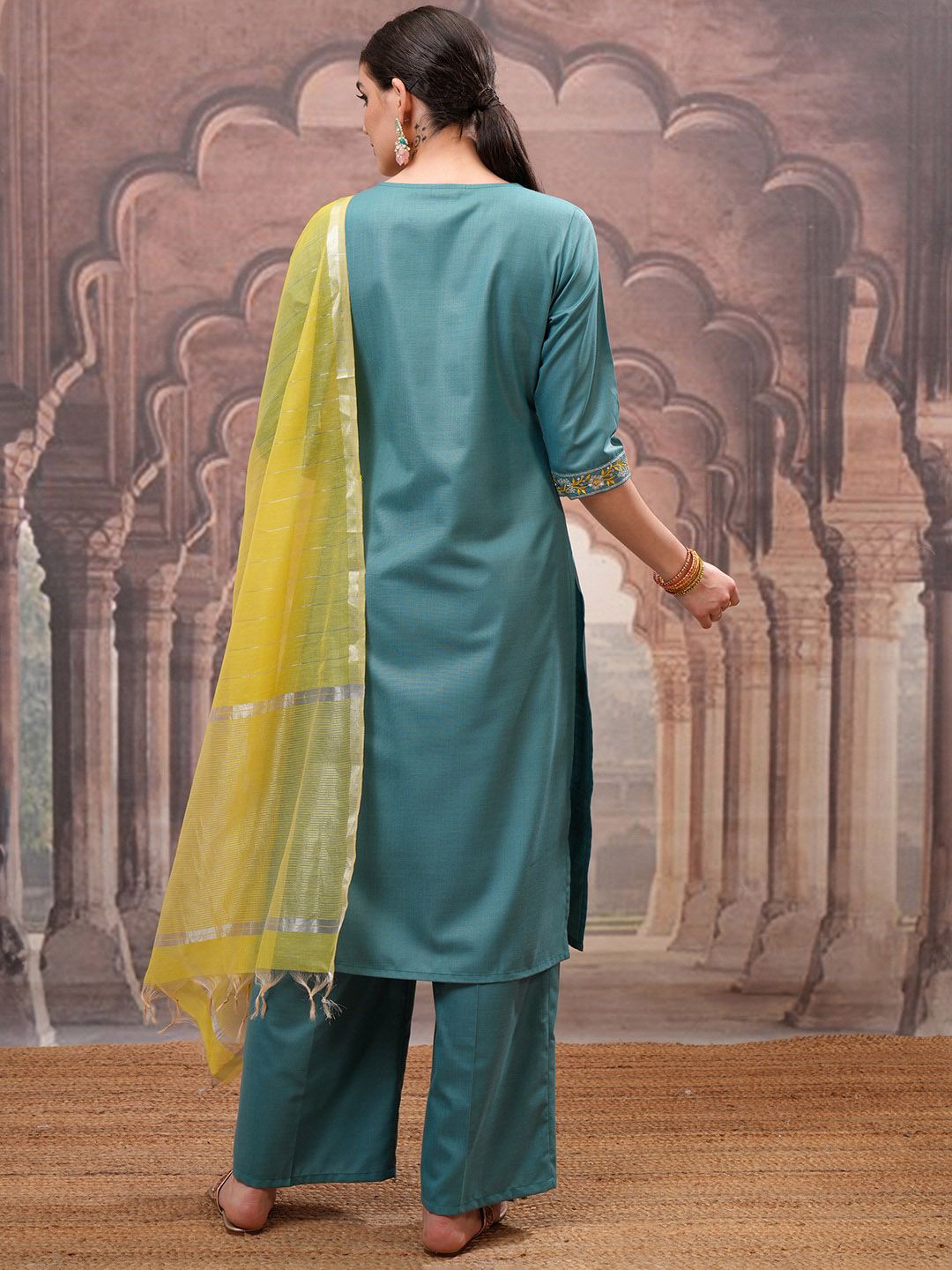 Vishudh Turquoise Blue Embroidered Straight Kurta with Palazzo & Dupatta