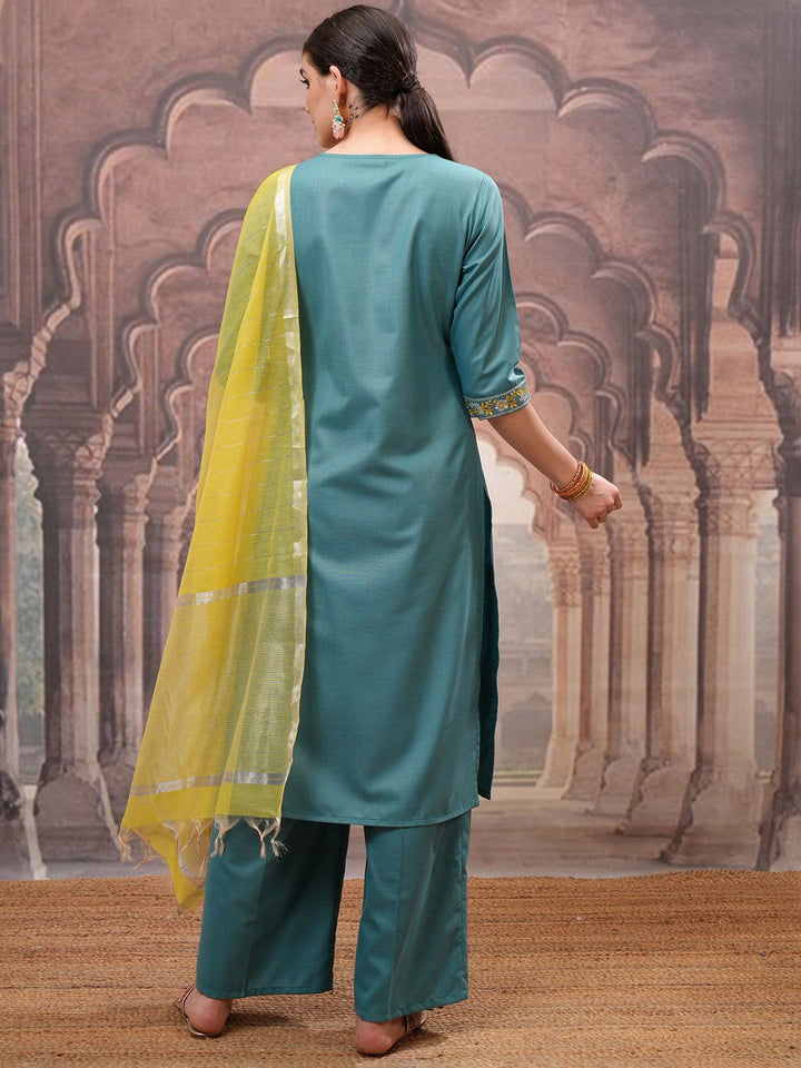 Vishudh Turquoise Blue Embroidered Straight Kurta with Palazzo & Dupatta