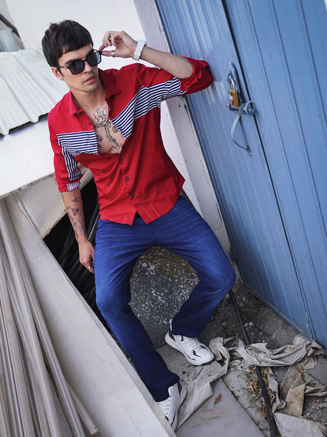 The Indian Garage Co Men Red Slim Fit Striped Casual Shirt