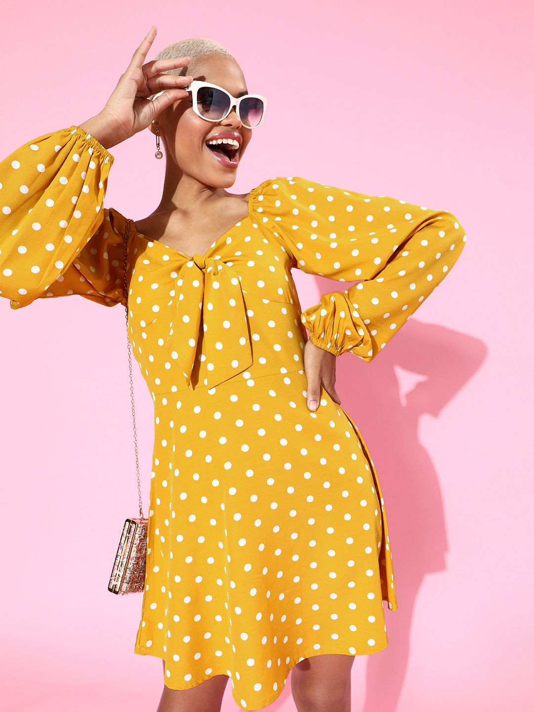 Berrylush Women Bright Yellow Polka Dots Sweetheart Neck Dress