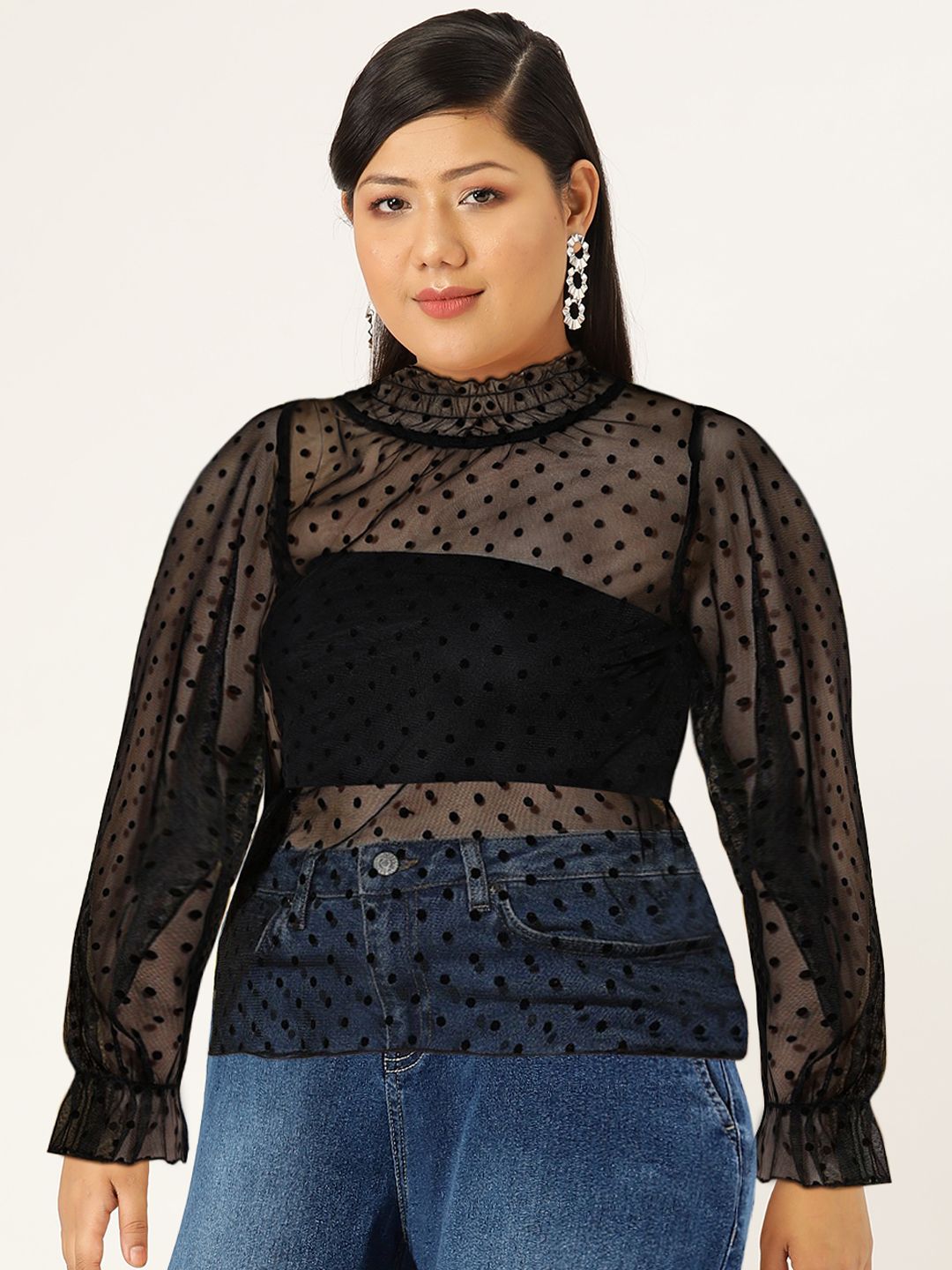 Berrylush Black High Neck Bishop Sleeves Sheer Crepe Top