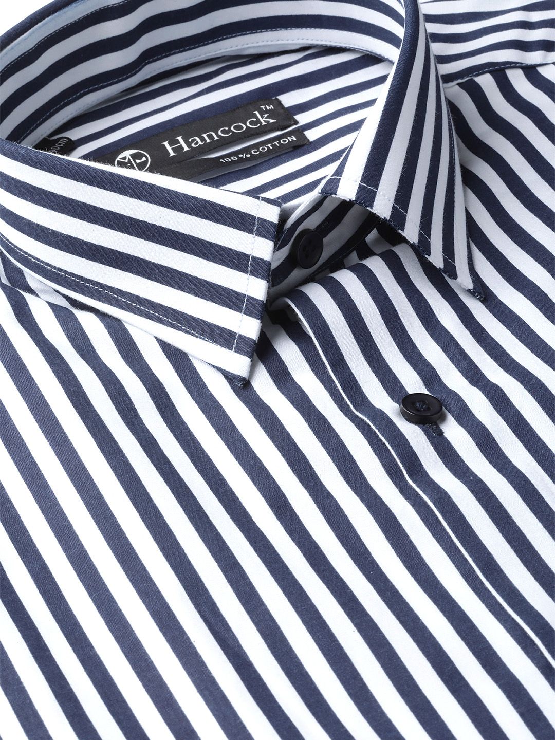 Hancock Men White & Navy Slim Fit Striped Formal Shirt