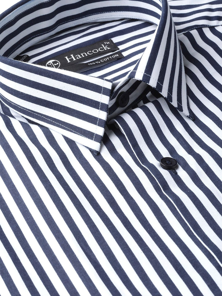 Hancock Men White & Navy Slim Fit Striped Formal Shirt