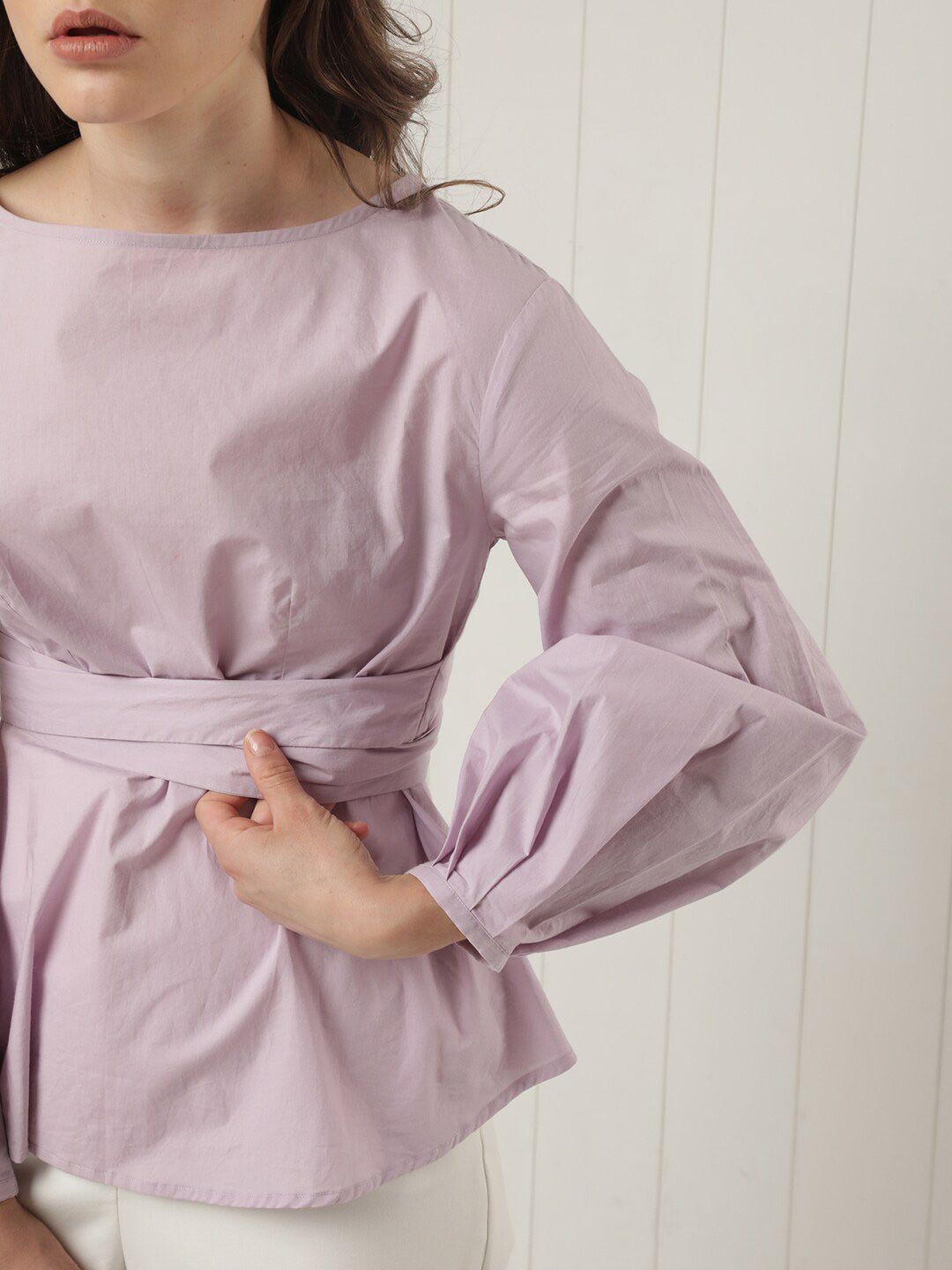 RAREISM Boat Neck Puff Sleeves Cotton Cinched Waist Top