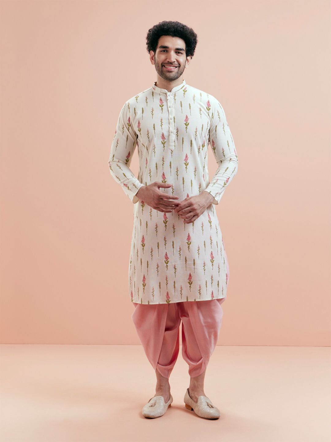 KISAH Men Cream-Coloured & Pink Floral Kurta