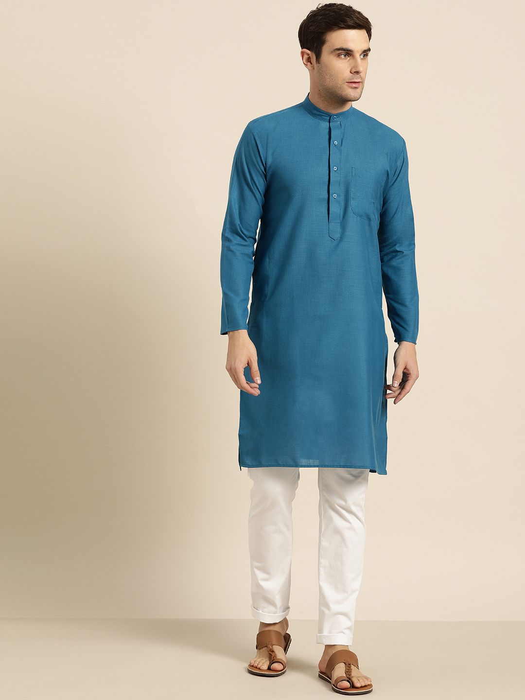 SOJANYA Lelaki Teal Blue Solid Kurta Lurus