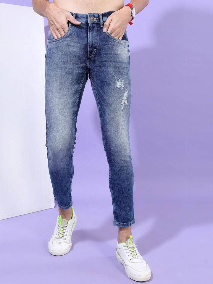 HIGHLANDER Men Blue Tapered Fit Mildly Distressed Heavy Fade Jeans