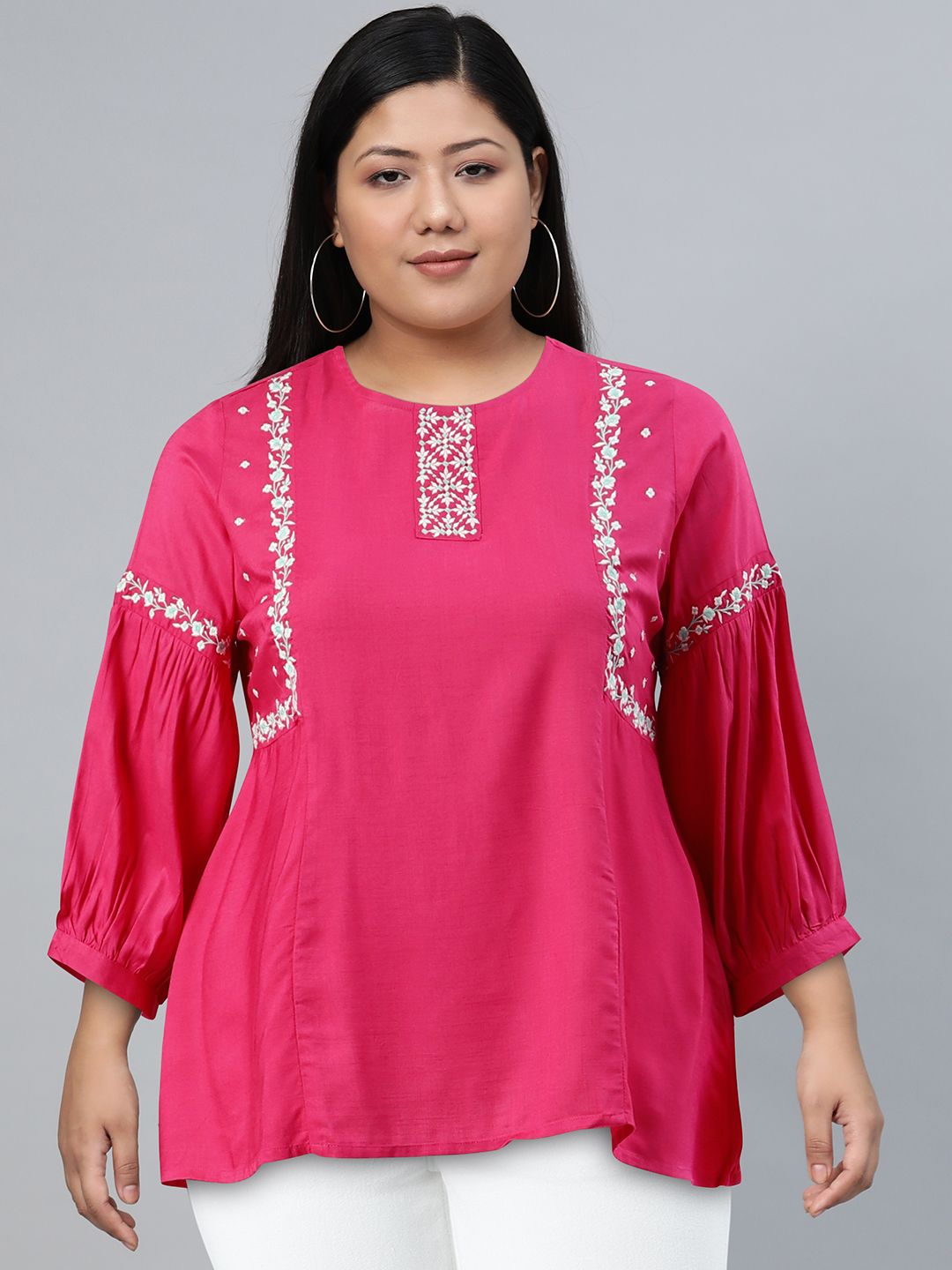 Global Desi Floral Embroidered Puff Sleeves Top