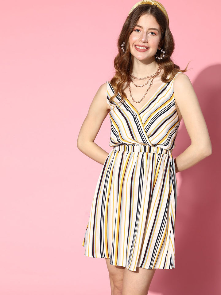 Berrylush White & Black Striped Crepe Mini Wrap Dress