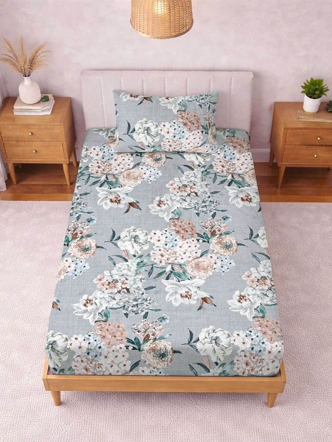 Myntra Elegant Homes Grey Floral 300 TC Single Bedsheet with 1 Pillow Covers