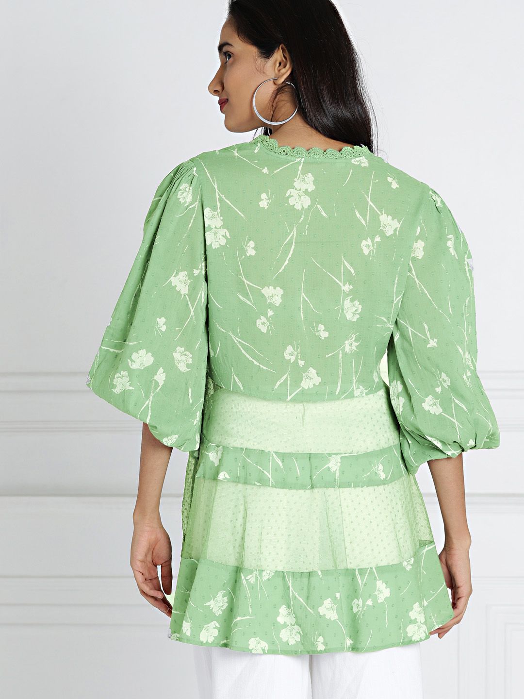 all about you Women Green & White Printed Semi Sheer High-Low Top