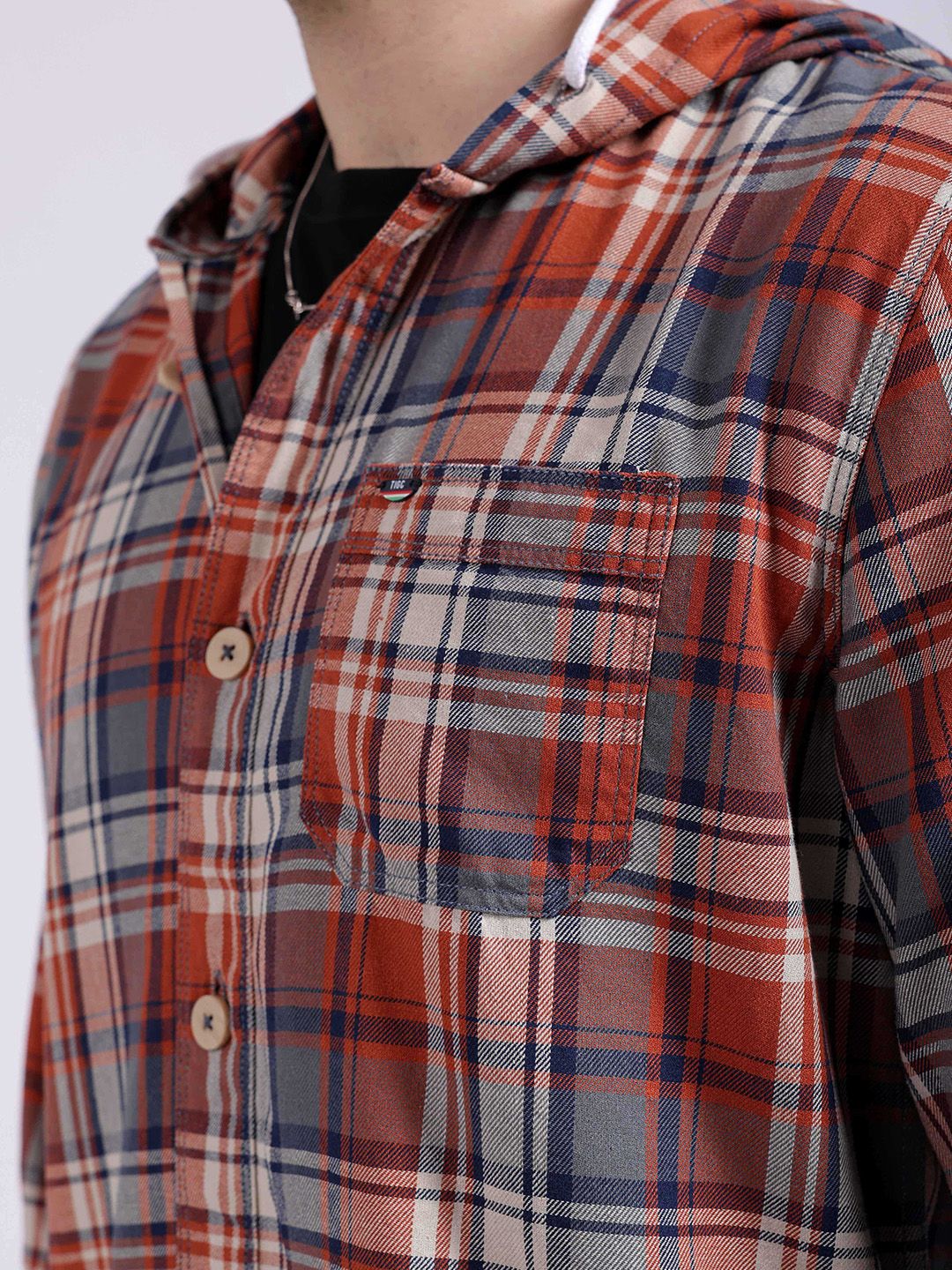 The Indian Garage Co Tartan Checked Hooded Twill Pure Cotton Casual Shirt