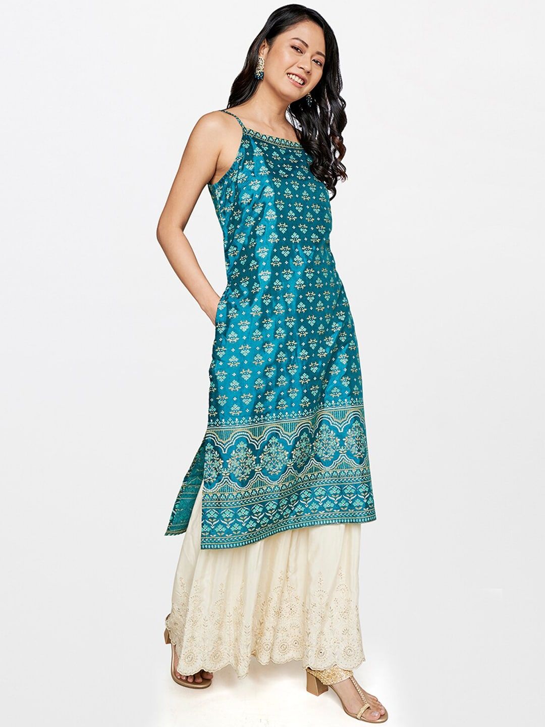 Global Desi Women Teal Green Floral Kurta