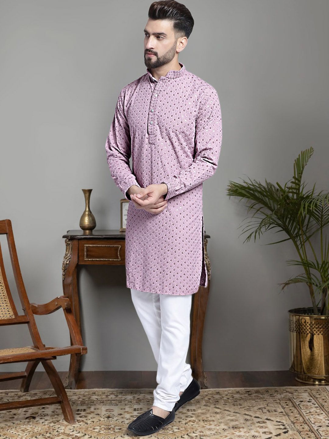 Jompers Ethnic Motifs Embroidered Chikankari Sequinned Pure Cotton Kurta With Churidar